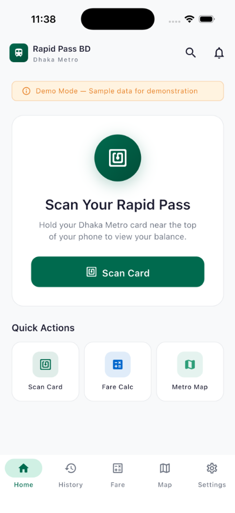 Rapid Pass BD home screen with the Scan Card button